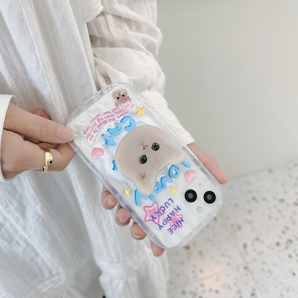Ốp Điện Thoại TPU Dẻo Trong Suốt Họa Tiết Hoạt Hình Chú Mèo Kèm Giá Đỡ Cho iPhone 13 12 11 Pro Max 14 Plus