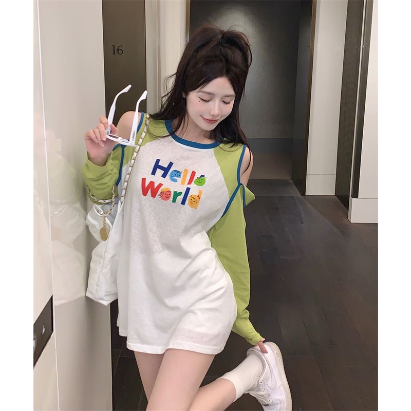 Áo Thun Tay Dài Dáng Rộng In Họa Tiết Lỗ Màu Tương Phản Thời Trang Mùa Xuân 2023 Mới Cho Nữ