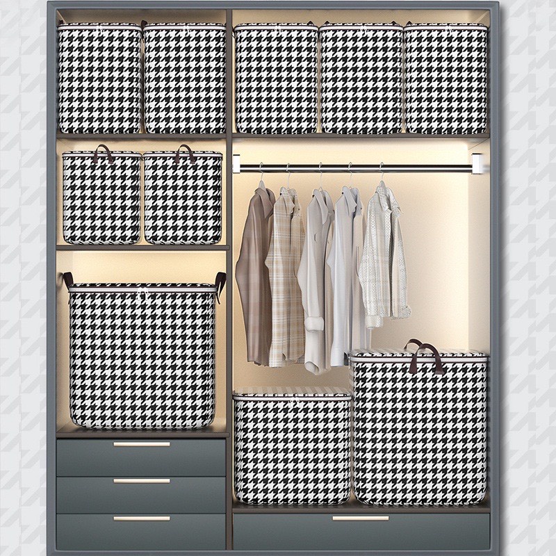 Túi đựng chăn màn họa tiết Caro vải không dệt, khóa kéo đôi