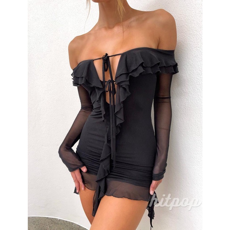 Đầm Ôm Trễ Vai Tay Dài Màu Sắc Thời Trang Cho Nữ