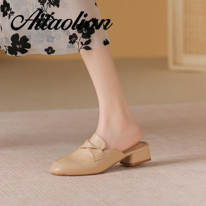 Dép Da Mềm Cao Gót 4cm Mũi Tròn Thời Trang Cho Nữ