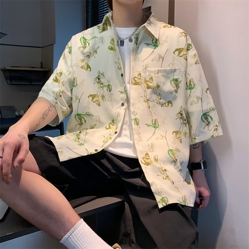 Áo Sơ Mi Tay Ngắn Dáng Rộng Họa Tiết Hoa Phong Cách Đường Phố Thời Trang Mùa Hè Cho Nam