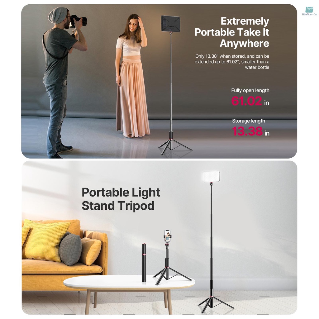 Ulanzi MT-54 155cm/ 61.02in Selfie Stick Tripod Portable Light Stand Adjutable Height 1kg-1.5kg Load Capacity with Phone Holder for Vlog Live Streaming Selfie Video Recording