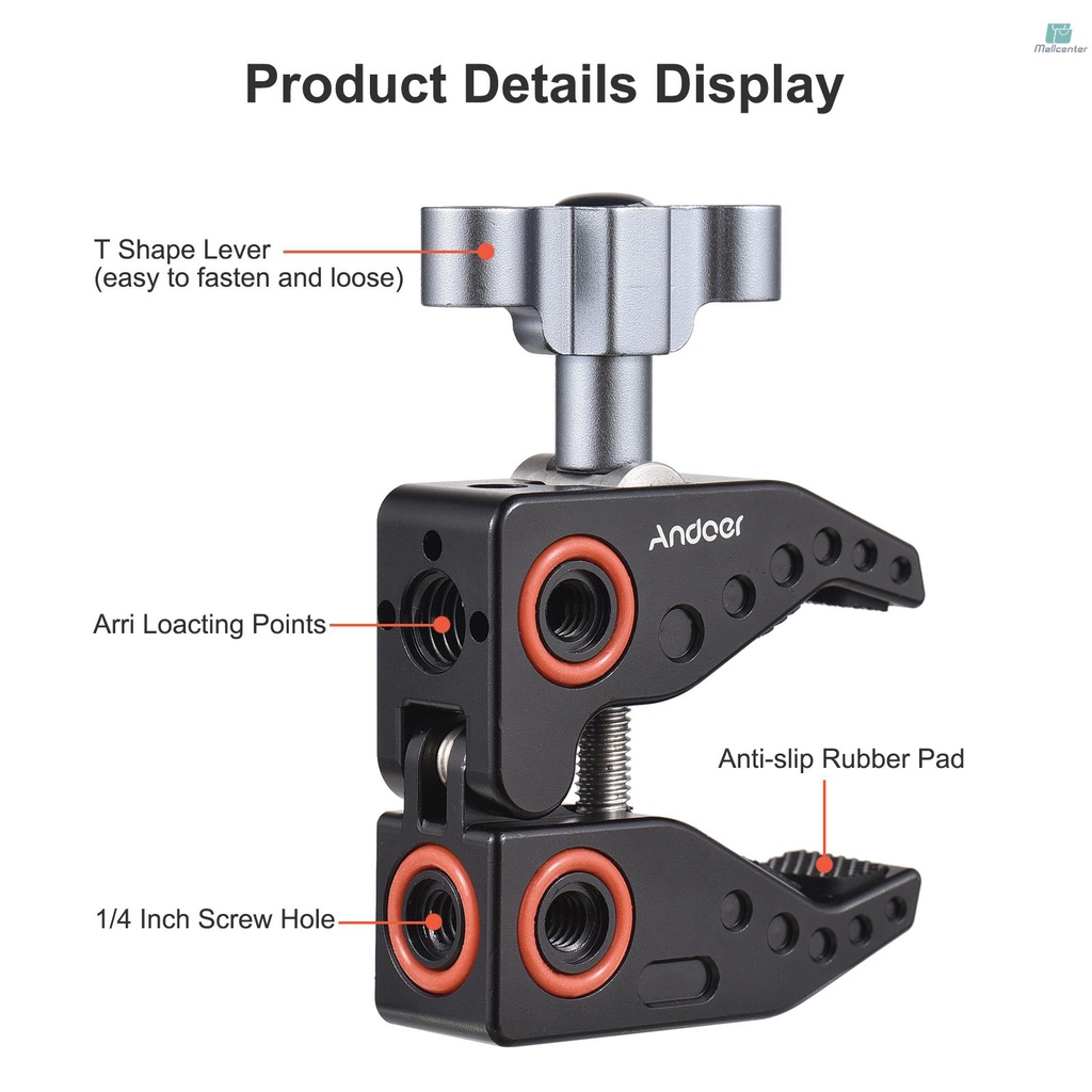 Andoer Super Clamp for Monitor LED Lights Flash Microphone Aluminum Alloy C Clamp Camera Clamp with 1/4 Inch &amp; 3/8 Inch Screws Photography Accessories 3kg Load Capacity