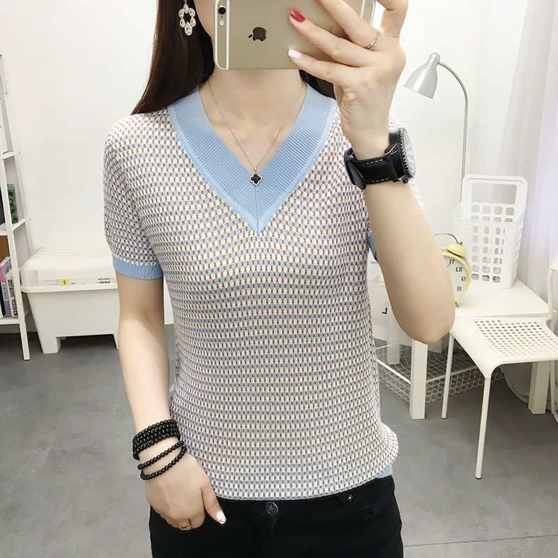 Áo Thun Lụa Lạnh Tay Ngắn Cổ Chữ V Dáng Rộng Thời Trang Mùa Hè Phong Cách Hàn Quốc Cho