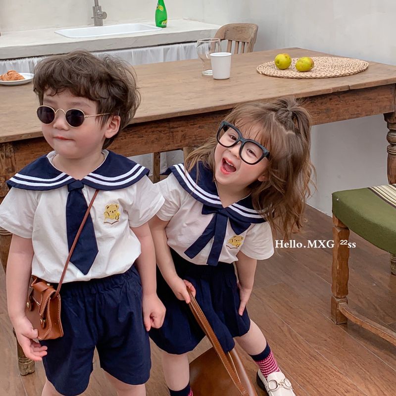 Bộ Áo Thủy Thủ Tay Ngắn + Chân Váy Xếp Ly Đáng Yêu Cho Bé Trai Gái