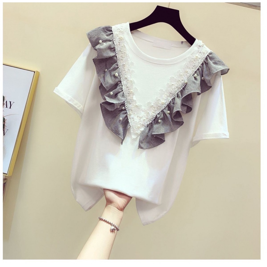 Áo Thun Cotton Nguyên Chất Tay Ngắn Phối Bèo Đính Hạt Thời Trang Mùa Hè 2022 Cho Bé Gái