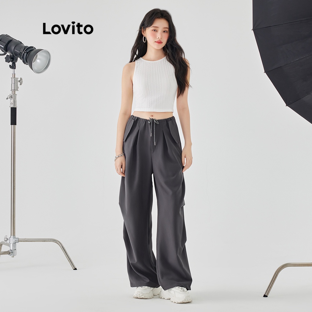Quần Lovito xếp nếp cột dây phối túi màu trơn thường ngày cho nữ L49AD100 (Màu xám)
