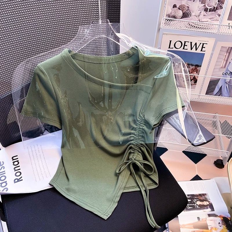 Áo Thun Tay Ngắn Phối Dây Rút Thiết Kế Lệch Tà Thời Trang Mùa Hè Cho Nữ