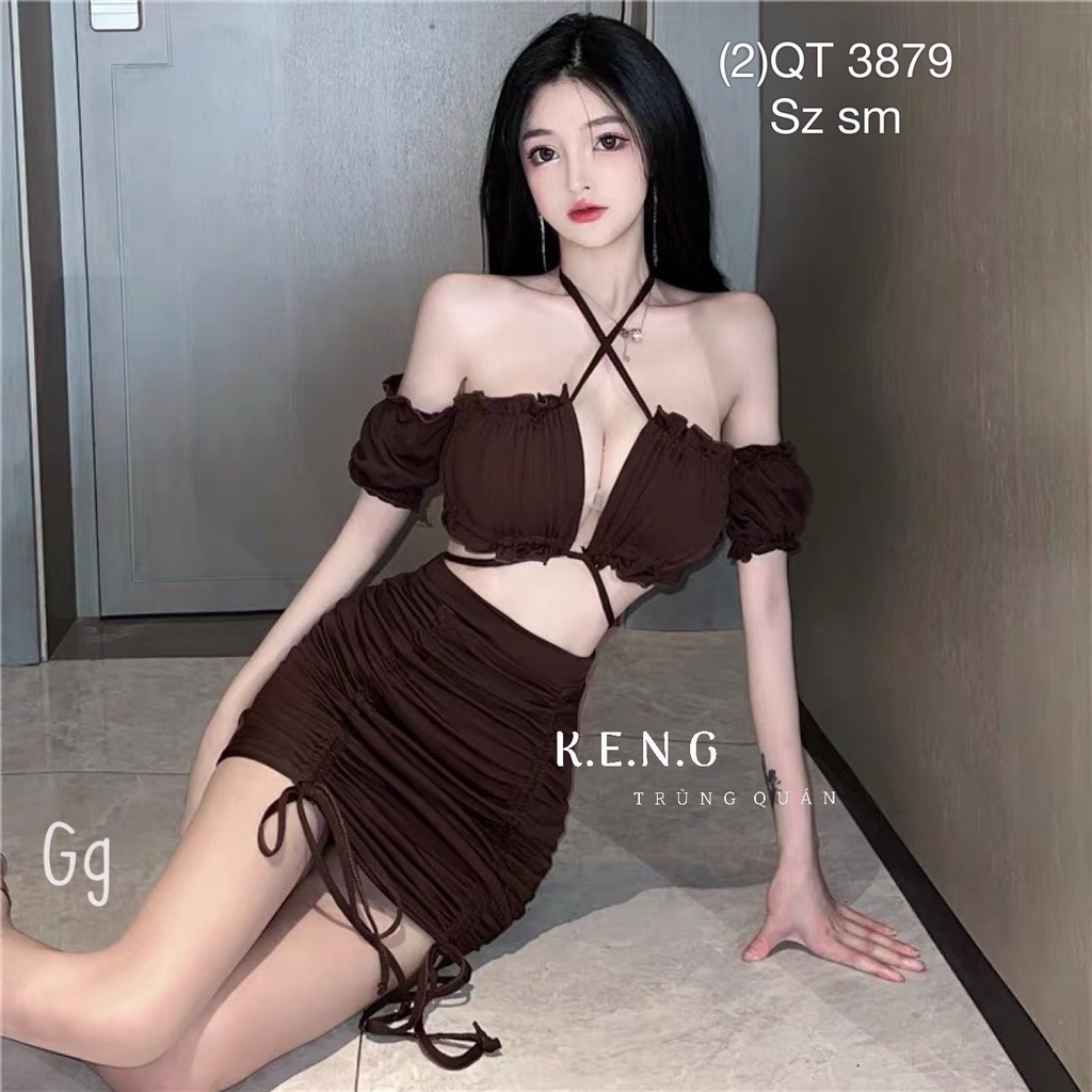 Set nữ đi chơi đi tiệc áo trễ vai croptop có mút ngực mix chân váy ngắn ôm body rút dây chất thun gân xinh hotalohastore