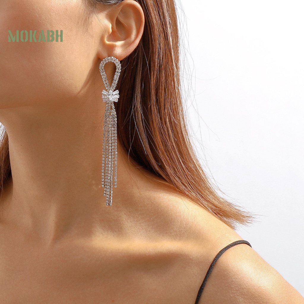 1 Đôi Bông Tai Tua Rua Dài Đính Đá Lấp Lánh Thời Trang