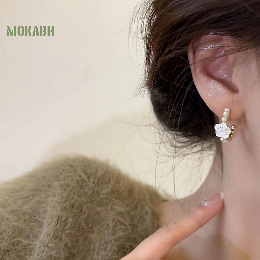 1 Đôi Bông Tai Tròn Đính Hoa Trà Phong Cách Pháp Thanh Lịch Không Phai Màu