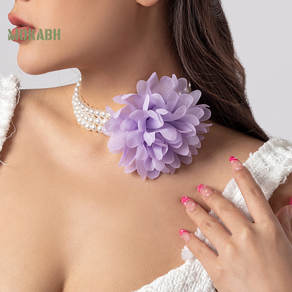 [Mok Abh] Vòng Cổ Choker Ba Tầng Họa Tiết Hoa Đính Ngọc Trai Giả Sang Trọng Không Gây Dị Ứng