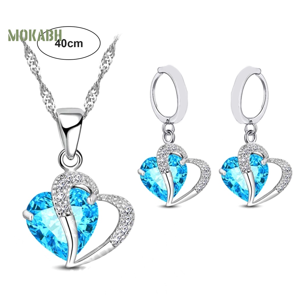 1 Bộ Vòng cổ + Bông Tai Đính Đá Zircon Hình Trái Tim Lấp Lánh
