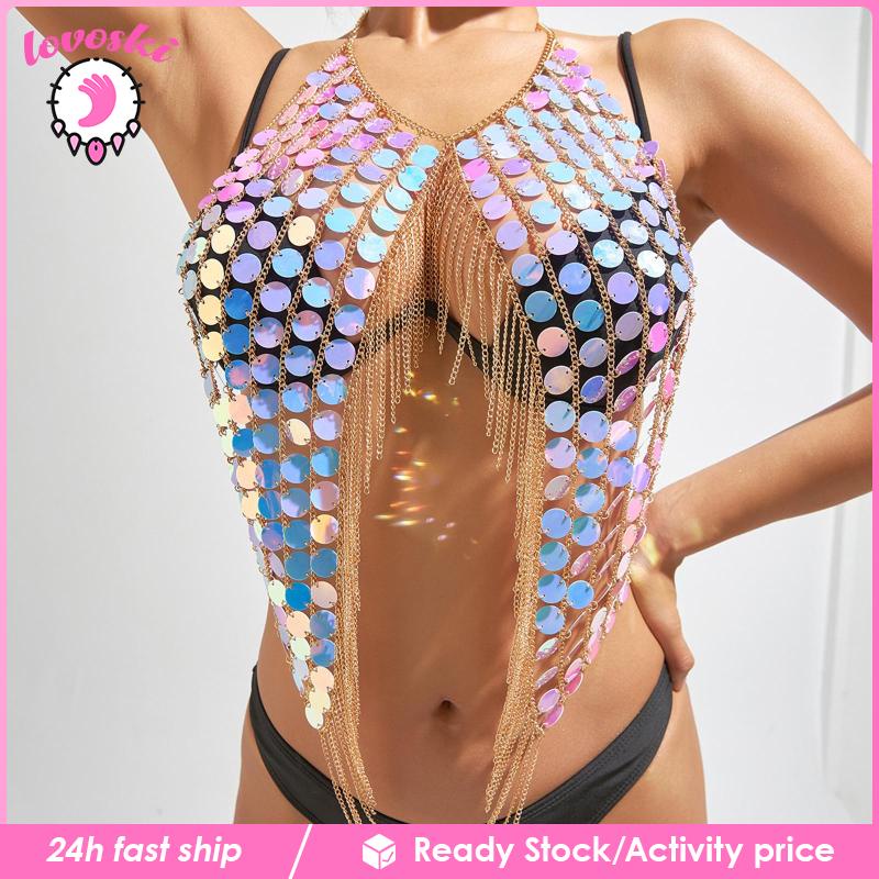 [Lovoski] Áo Ngực Đính Kim Sa Lấp Lánh Cho Nữ Đi Hộp Đêm Bãi Biển / Lễ Hội Rav