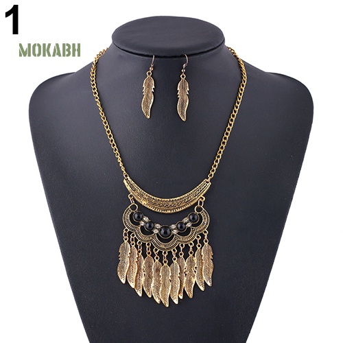 Bộ Trang Sức Gồm Dây Chuyền / Bông Tai / Vòng Cổ Hình Chiếc Lá Phối Tua Rua Phong Cách Vintage Cho Nữ