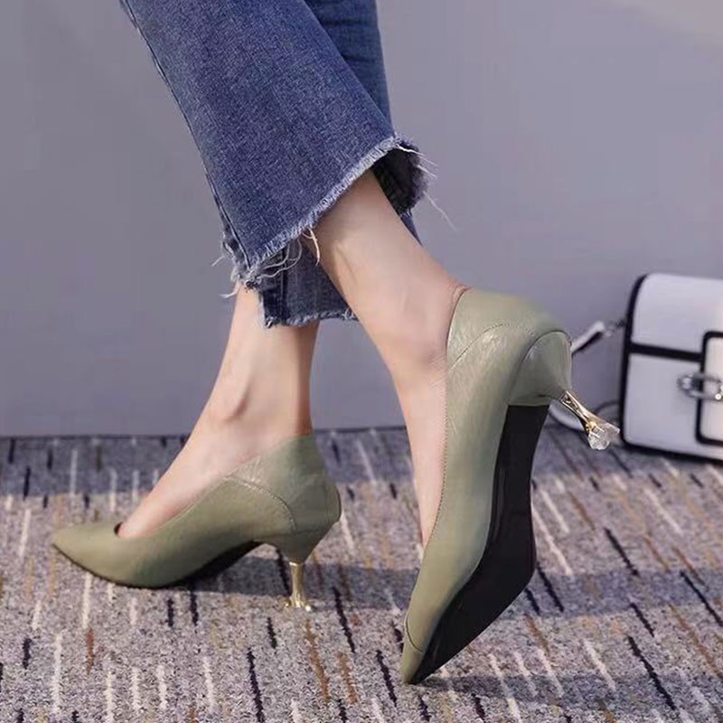 YAOLI  Giày Cao Gót Da Mềm Mũi Nhọn Phong Cách Pháp