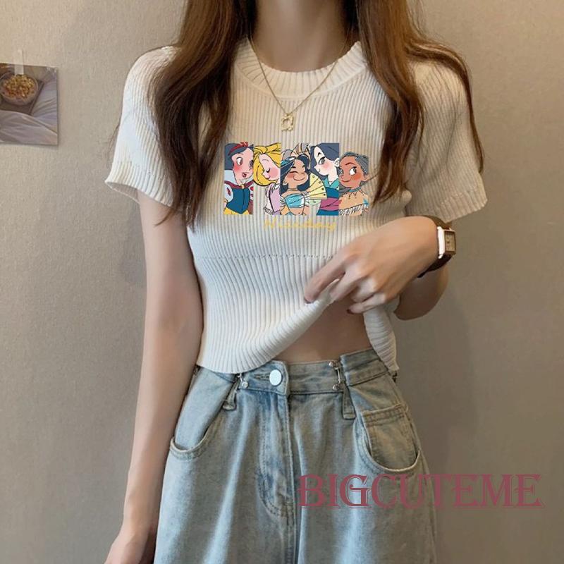 Áo Croptop Dệt Kim Tay Ngắn In Họa Tiết Nhân Vật Hoạt Hình Thời Trang Mùa Hè Cho Nữ