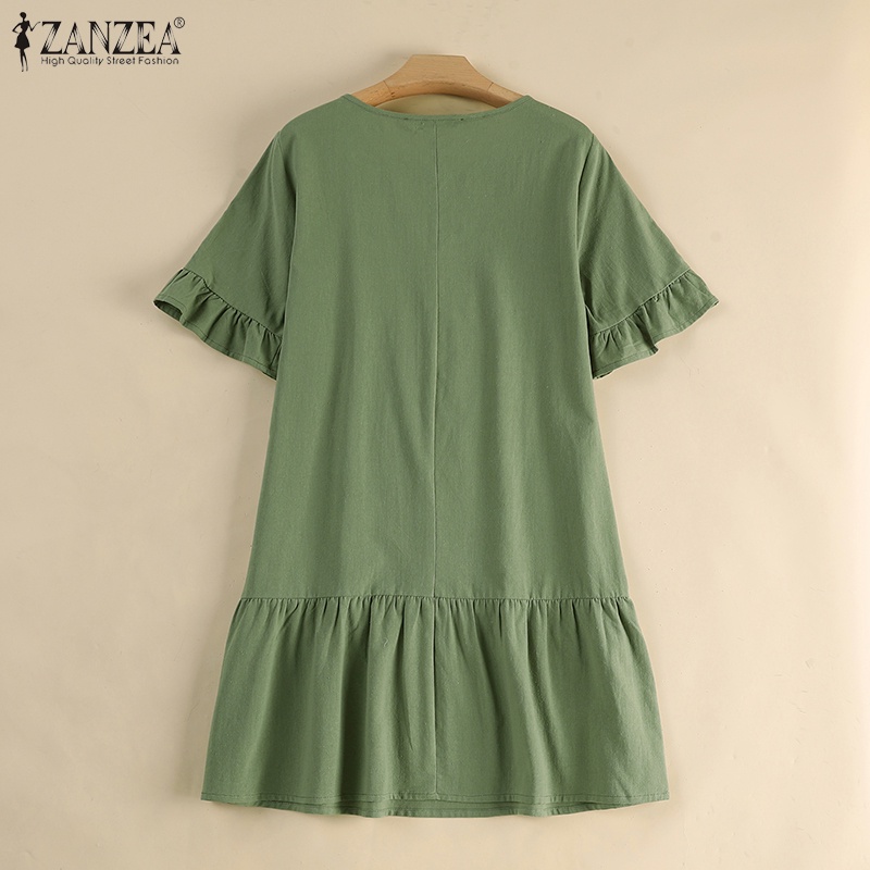 Đầm ZANZEA tay loe cổ tròn viền bèo phong cách vintage nữ tính