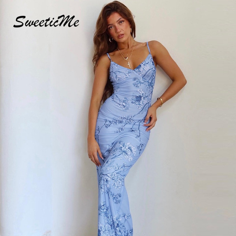 Đầm Dài Không Tay Hở Lưng Cổ Chữ V In Họa Tiết Hoa Thời Trang Mới 2023 Cho Nữ