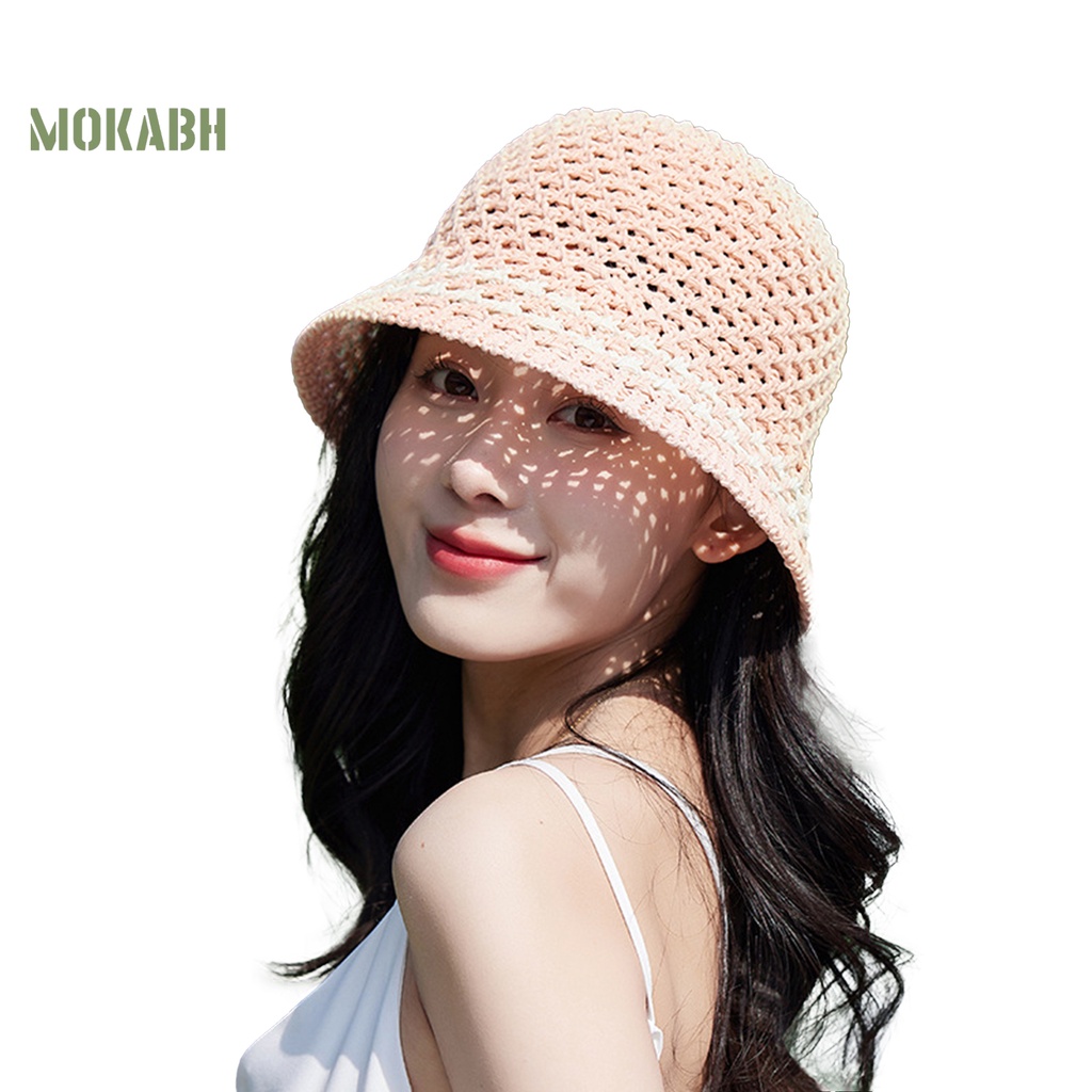 [Mok Abh] Mũ Dệt Kim Kiểu Chắp Vá Lỗ Rỗng Họa Tiết Kẻ Sọc Thời Trang Đi Biển Mùa Hè Cho Nữ