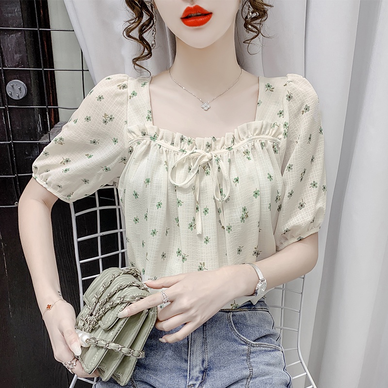 Ảnh Thật / Áo Sơ Mi Hoa / Phong Cách Tươi Mới / Phong Cách Hàn Quốc / Cổ Áo Ren / Cổ Vuông / Dễ Phối Đồ / Ngọt Ngào / Hàng Đầu ZDVH