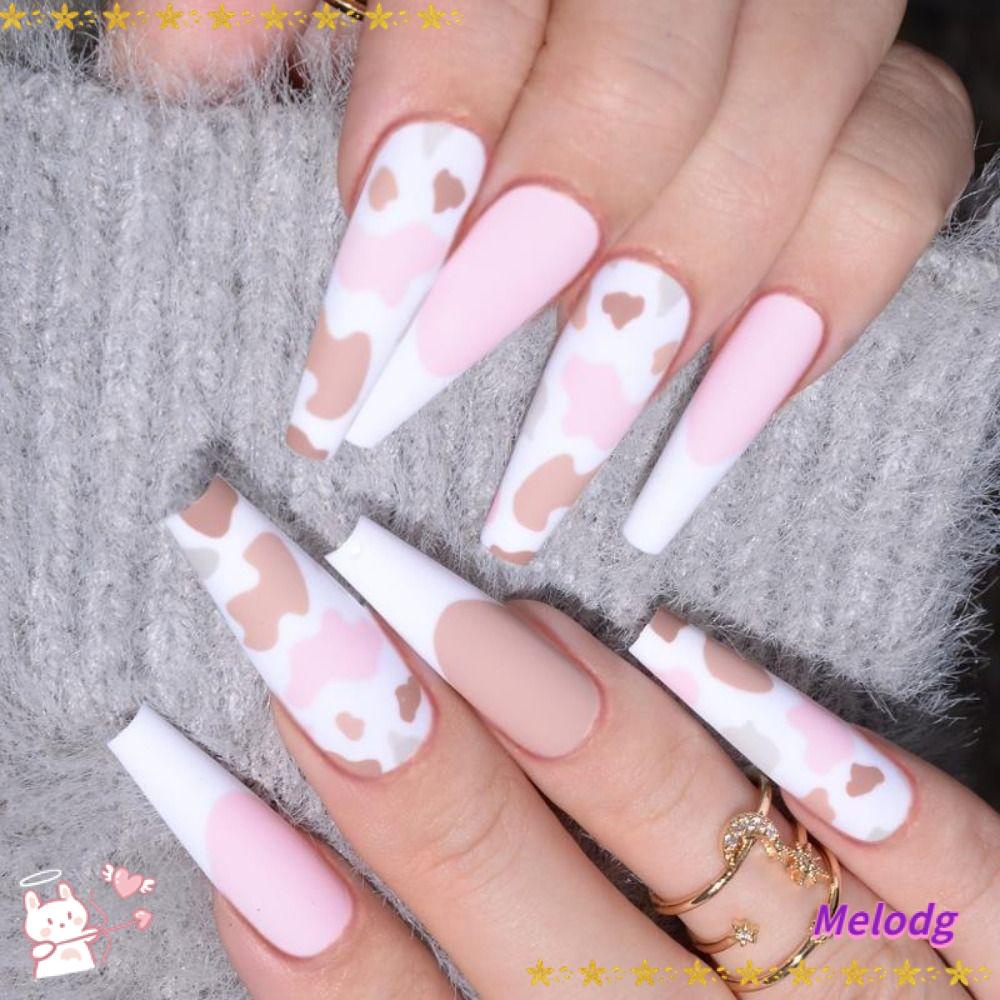 Bộ 24 Móng Tay Giả Dạng Nhấn Màu Lì Sữa Bảo Vệ Toàn Diện DIY