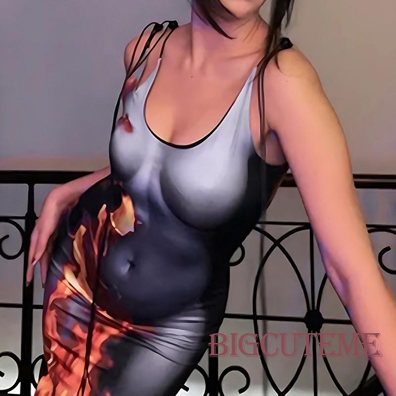 [] Đầm Dài Dáng Ôm Không Tay In Họa Tiết Ngọn Lửa Thời Trang Mùa Hè Ôm Dáng Cho Nữ