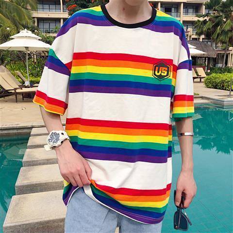 Summer Ins Rainbow Striped Short-Sleeved T-shirt Men and Women Couple Korean Style Fashion Brand Hip Hop Fried Street Loose Half Sleeve Shirt mdk3