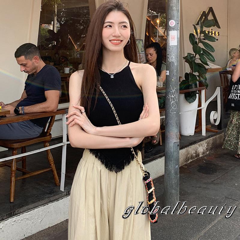 Áo Croptop Dệt Kim Không Tay Viền Tua Rua Hở Lưng Thời Trang Mùa Hè Cho Nữ