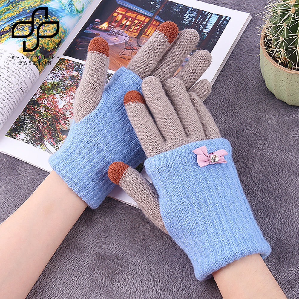 Đôi Găng Tay Len Hở Ngón Gắn Nơ Có Thể Dùng Màn Hình Cảm Ứng Thời Trang Cho Nữ