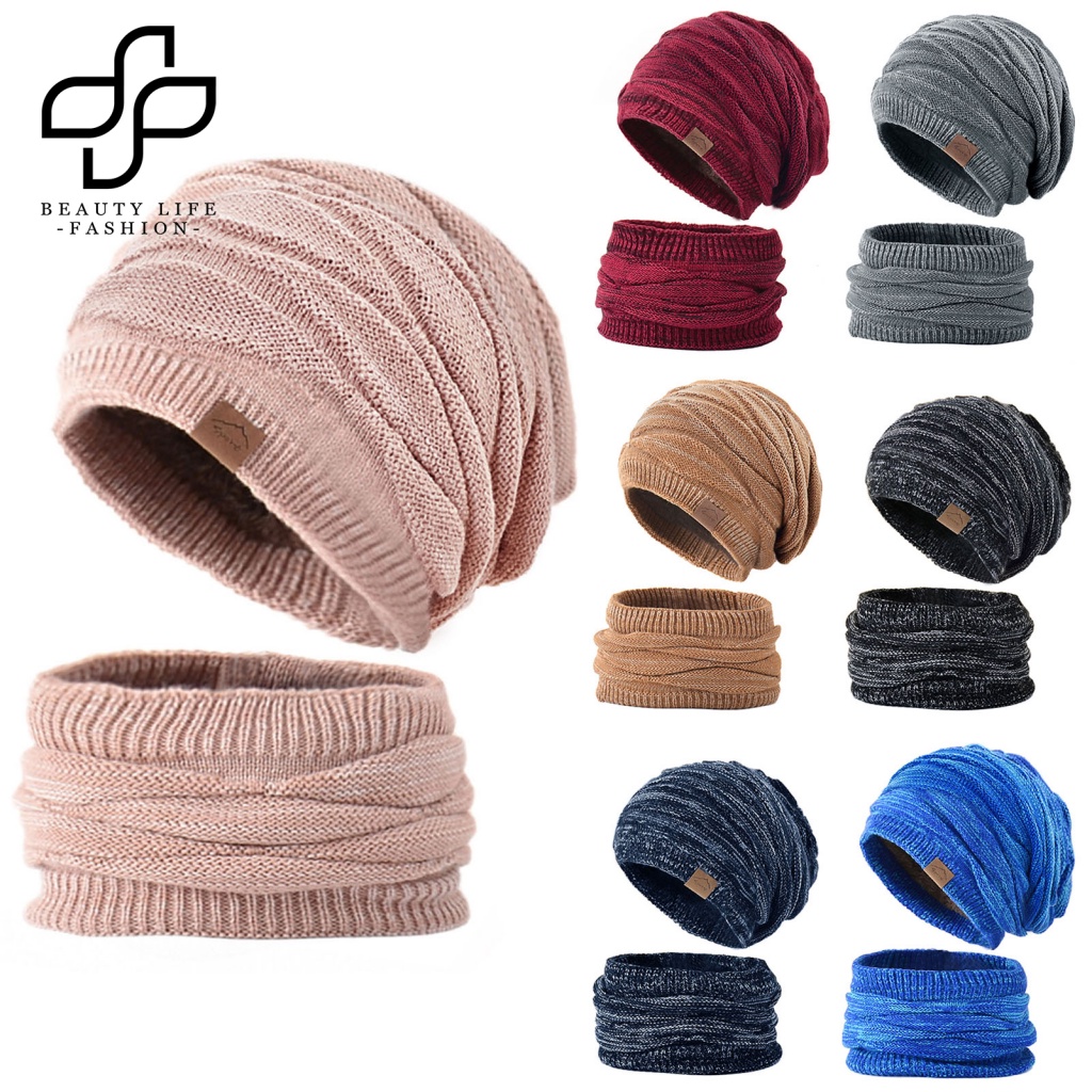 Bộ 2 Món Mũ Len + Khăn Choàng Cổ + Khăn Choàng Dày Dặn Mềm Mại Giữ Ấm Chống Gió Màu Trơn Thời Trang Thu Đông Cho Nam Và Nữ
