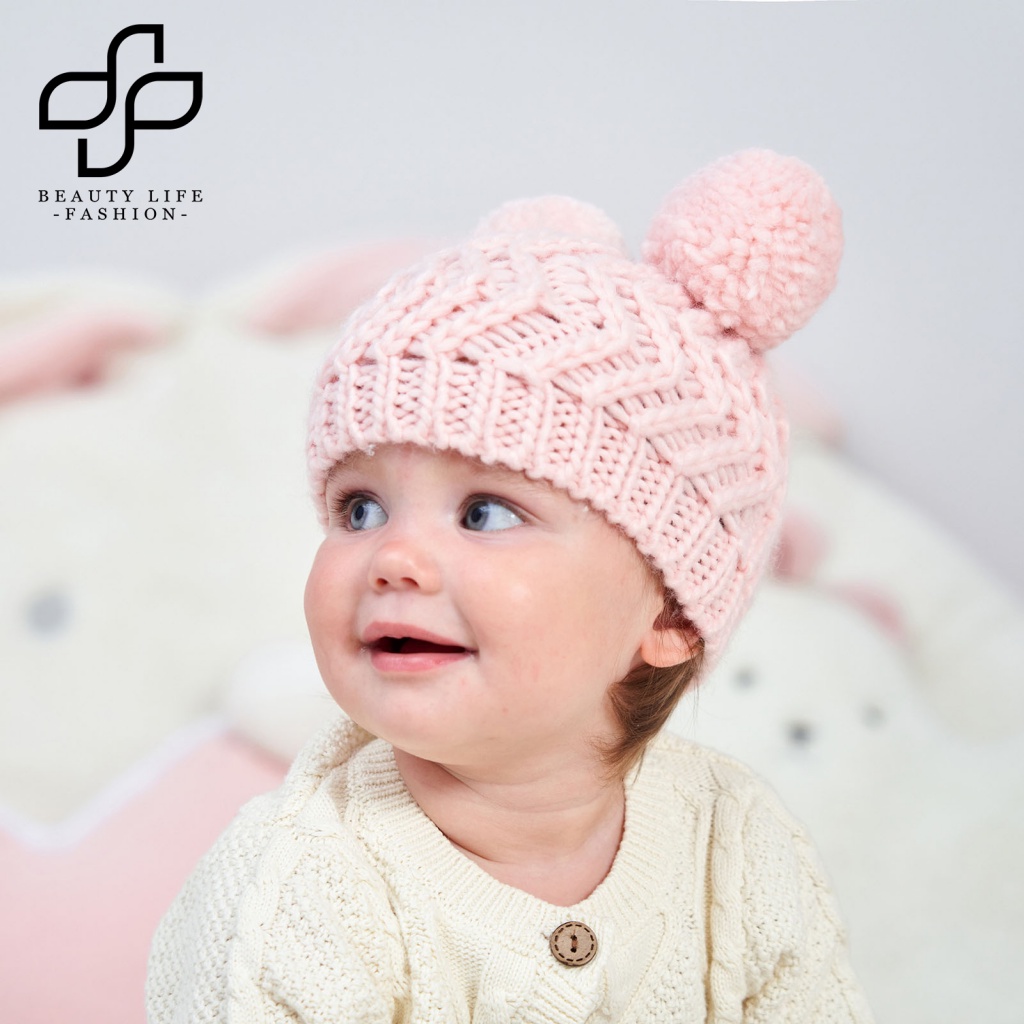 Beautylife Mũ Len Beanie Dệt Kim Dày Dặn Co Giãn Đính Hai Quả Bông Màu Trơn Thời Trang Thu Đông Dành Cho Bé Trai Bé Gái