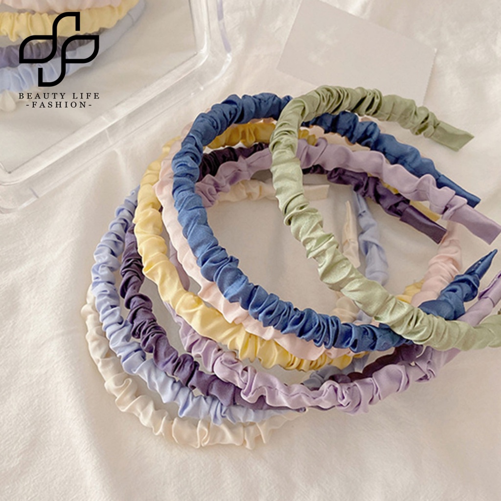 Băng Đô Cài Tóc Vải Satin Trơn Mịn Xếp Ly Màu Sắc Thời Trang