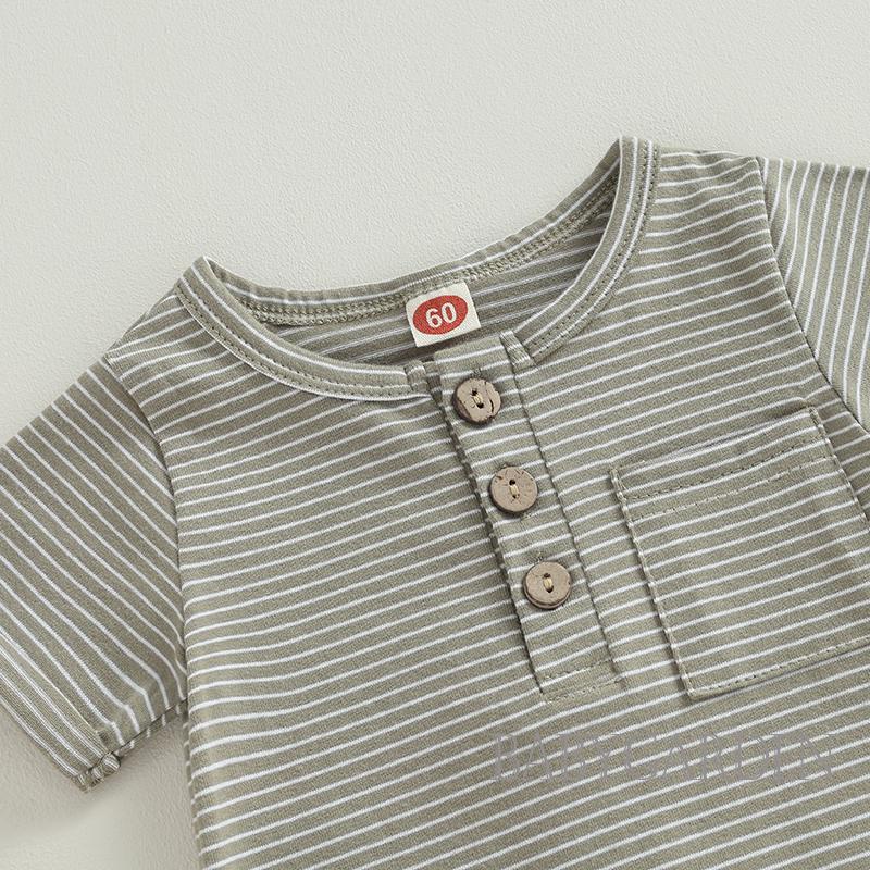 Bộ Áo Liền Quần Ngắn Tay Cổ Tròn Cài Nút Họa Tiết Kẻ Sọc Thời Trang Mùa Hè Cho Bé Trai