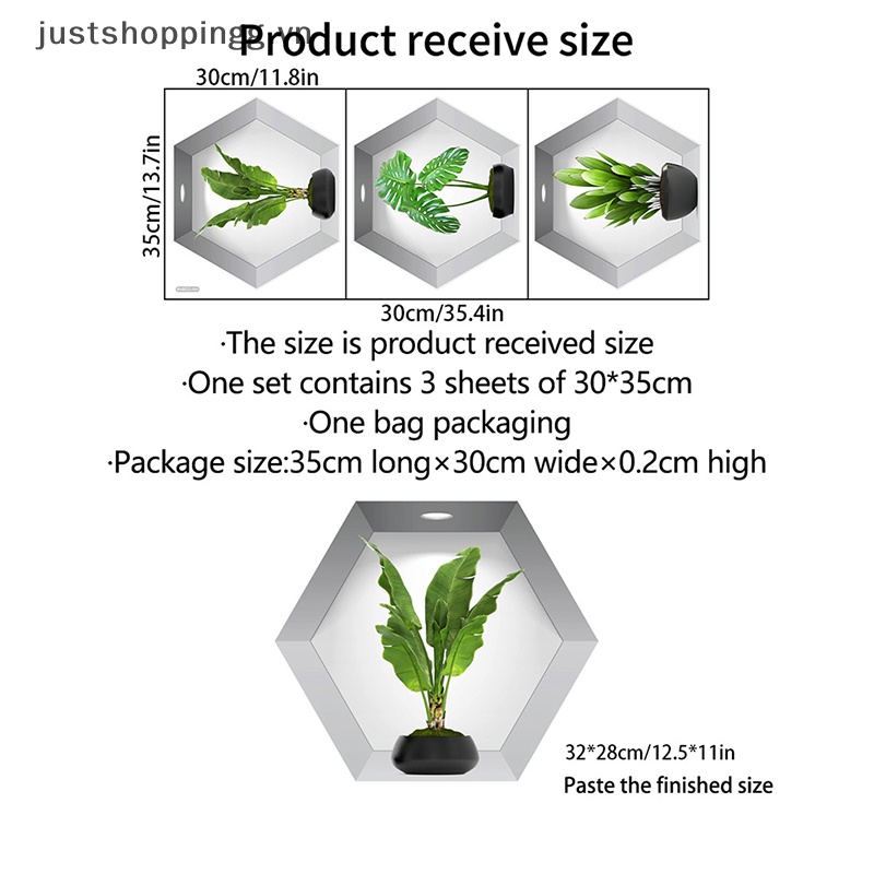 Bộ 3 Miếng Dán Tường Hình Chậu Cây 3D Trang Trí Phòng Khách