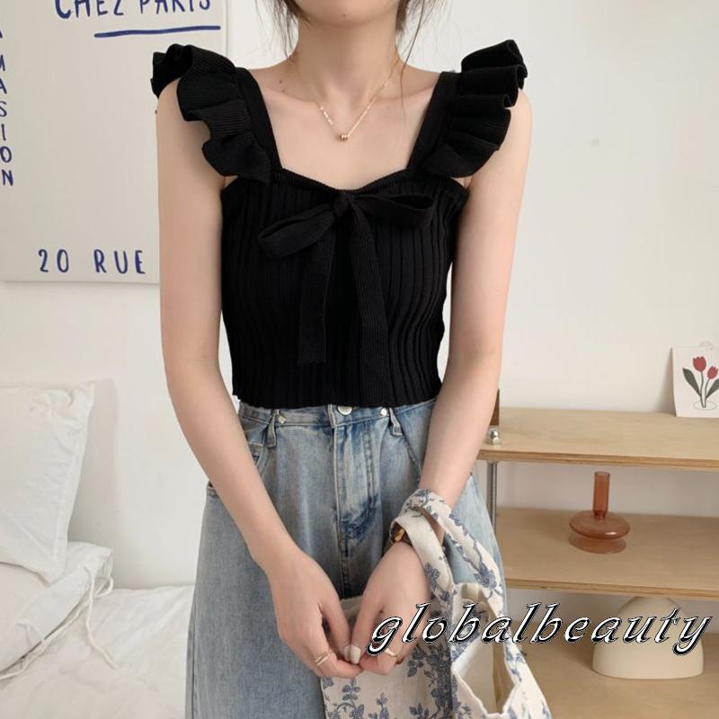 Áo Crop Top Không Tay Nhún Bèo Màu Sắc Đơn Giản Thời Trang Mùa Hè Cho Nữ