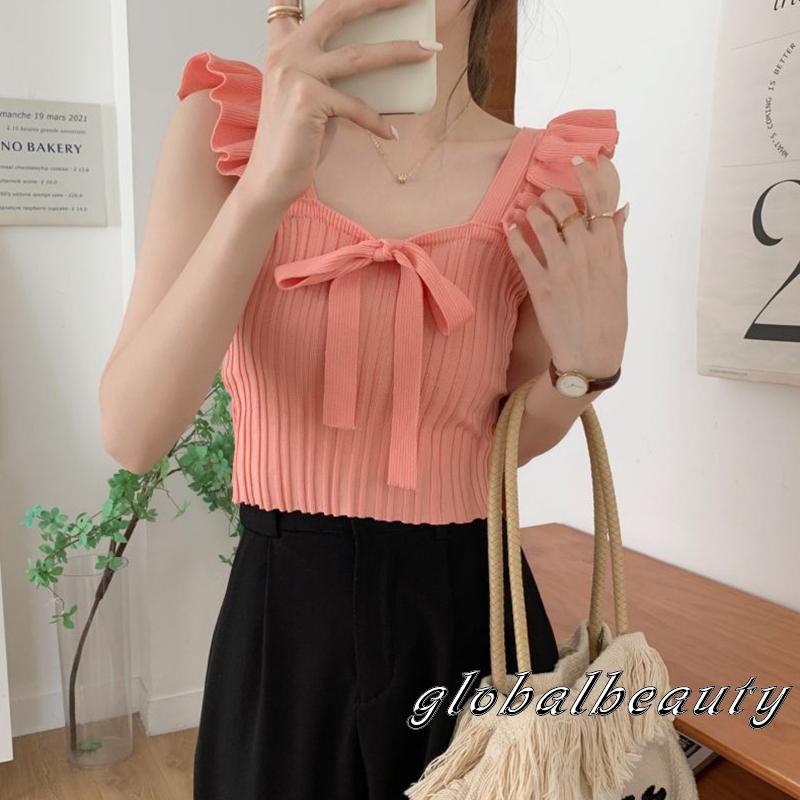 Áo Crop Top Không Tay Nhún Bèo Màu Sắc Đơn Giản Thời Trang Mùa Hè Cho Nữ