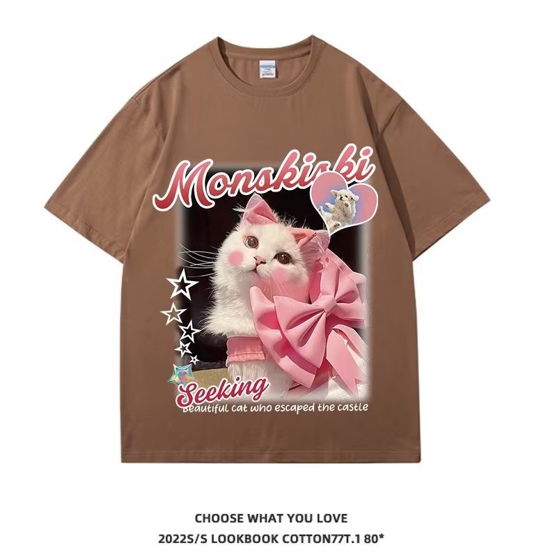 Áo Thun Ngắn Tay Dáng Rộng In Hình Mèo Thời Trang Mùa Hè Cá Tính
