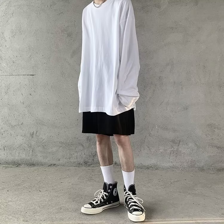 Áo Thun Cotton Tay Dài Màu Trơn Dáng Rộng Phong Cách Thời Trang Đường Phố Mỹ