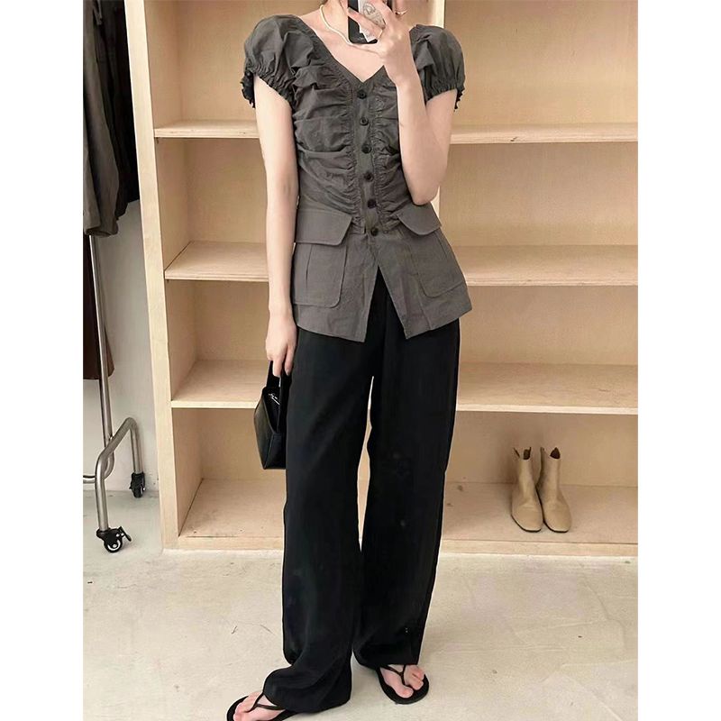 Áo Sơ Mi Không Tay Cổ Chữ V Xếp Ly Cài Khuy Thời Trang Mùa Hè Cao Cấp