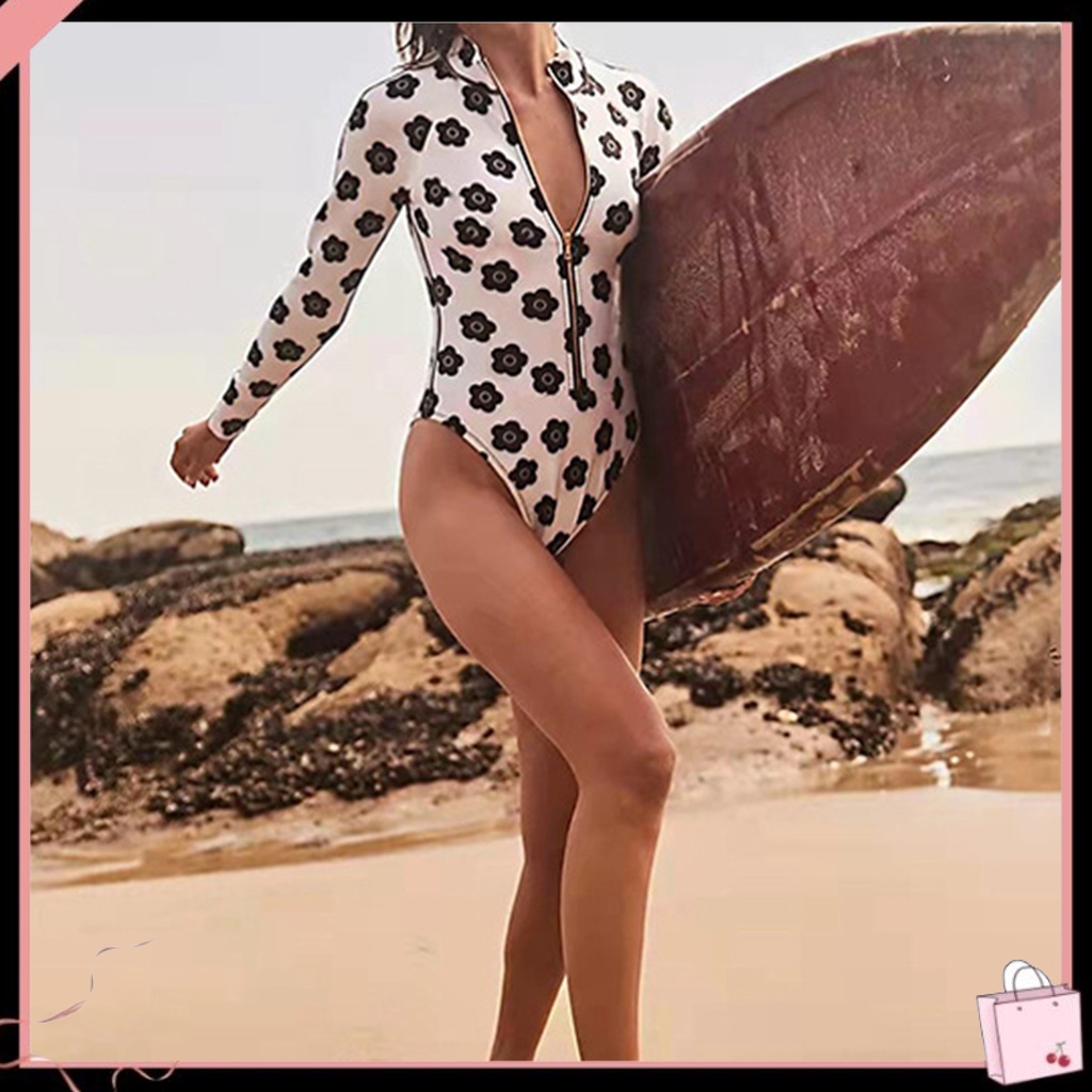 {Soltweter} Đồ Bơi Một Mảnh Tay Dài In Hoa Tam Giác Khóa Kéo Đi Biển Cho Nữ