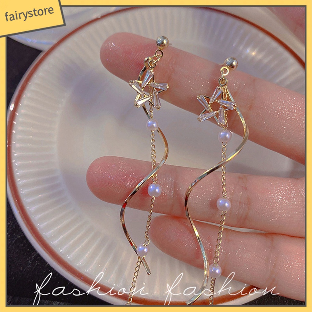 1 Đôi Bông Tai Dáng Dài Hình Ngôi Sao Đính Ngọc Trai Nhân Tạo Thời Trang