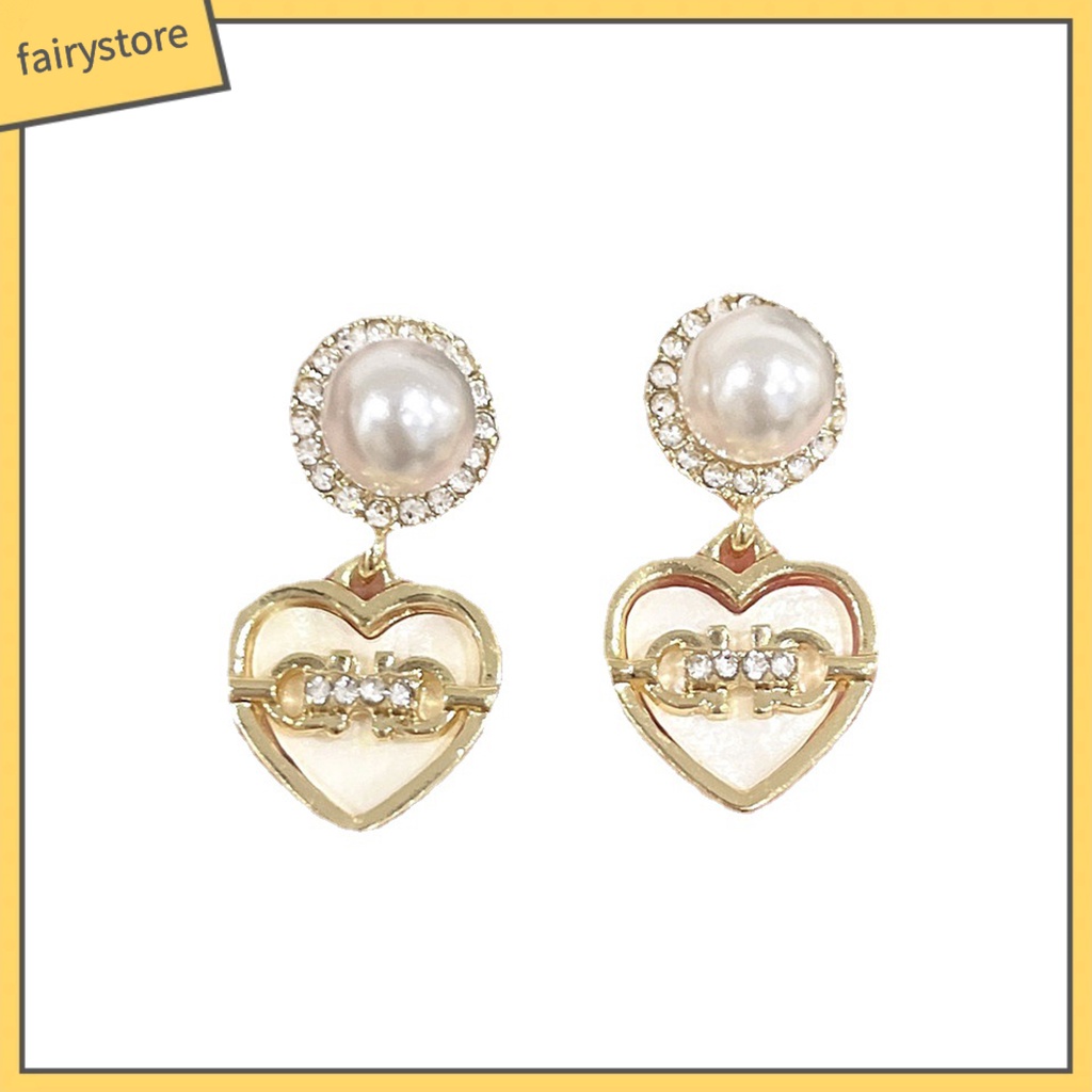 1 Đôi Bông Tai Hình Trái Tim Đính Đá Ngọc Trai Giả Sang Trọng
