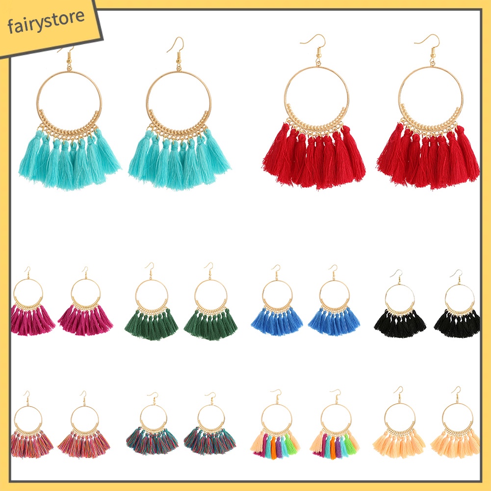 Đôi Khuyên Tai Tròn Phối Tua Rua Phong Cách Vintage Thời Trang Cho Nữ