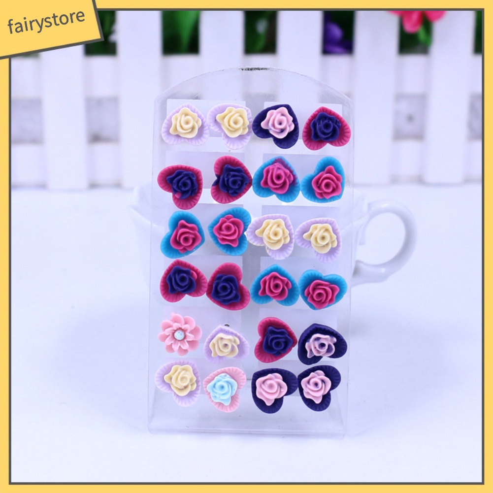 12 Đôi Bông Tai Hình Hoa Bằng Nhựa Nhiều Màu Thời Trang Dành Cho Nữ