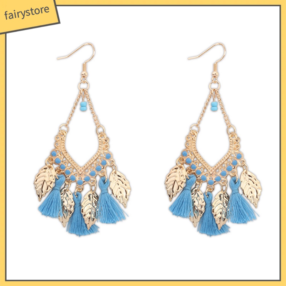 Bông Tai Dáng Dài Hình Chiếc Lá Bằng Kim Loại Phối Tua Rua Phong Cách Bohemian Thời Trang Cho Nữ