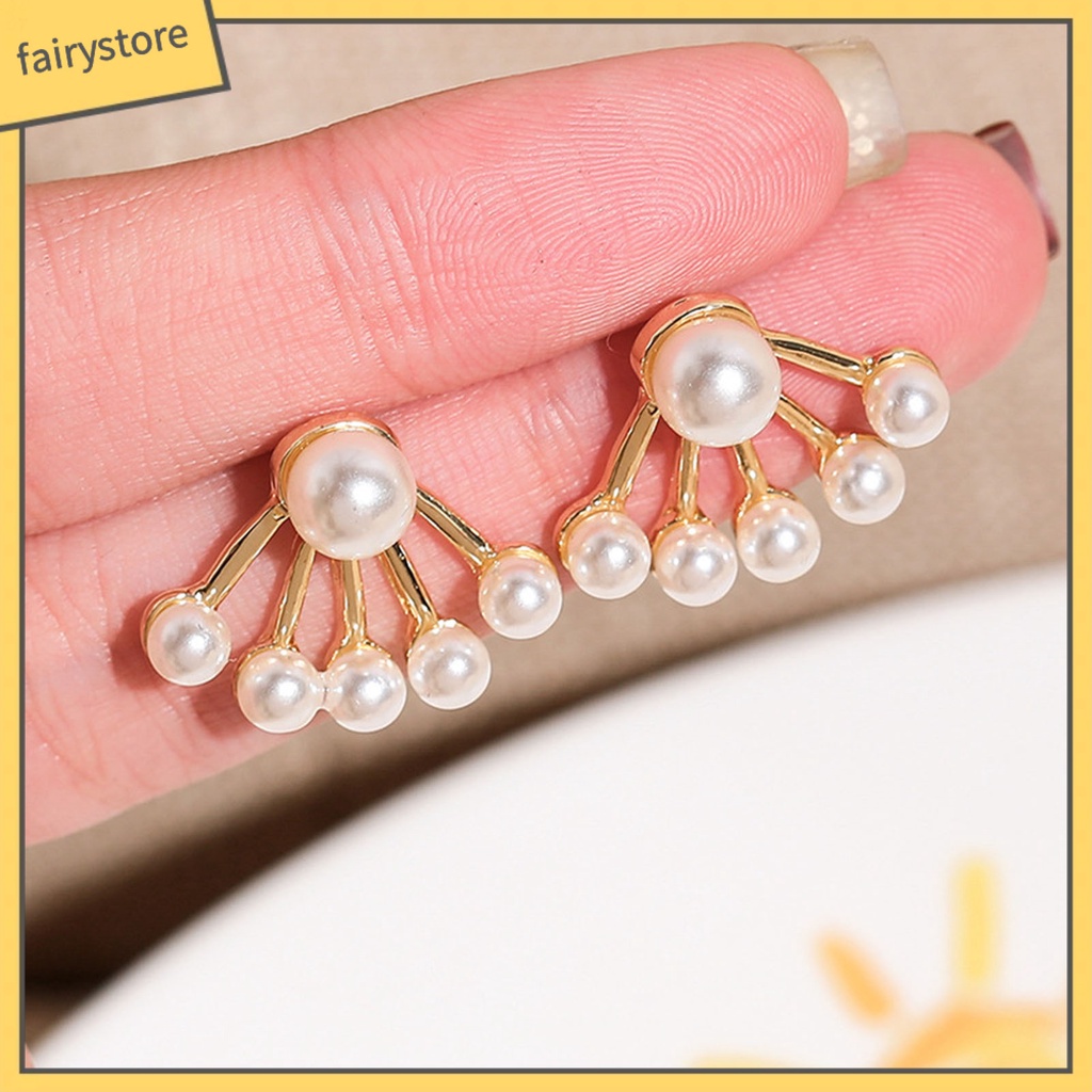 1 Đôi Bông Tai Hình Quạt Đính Ngọc Trai Nhân Tạo Thời Trang