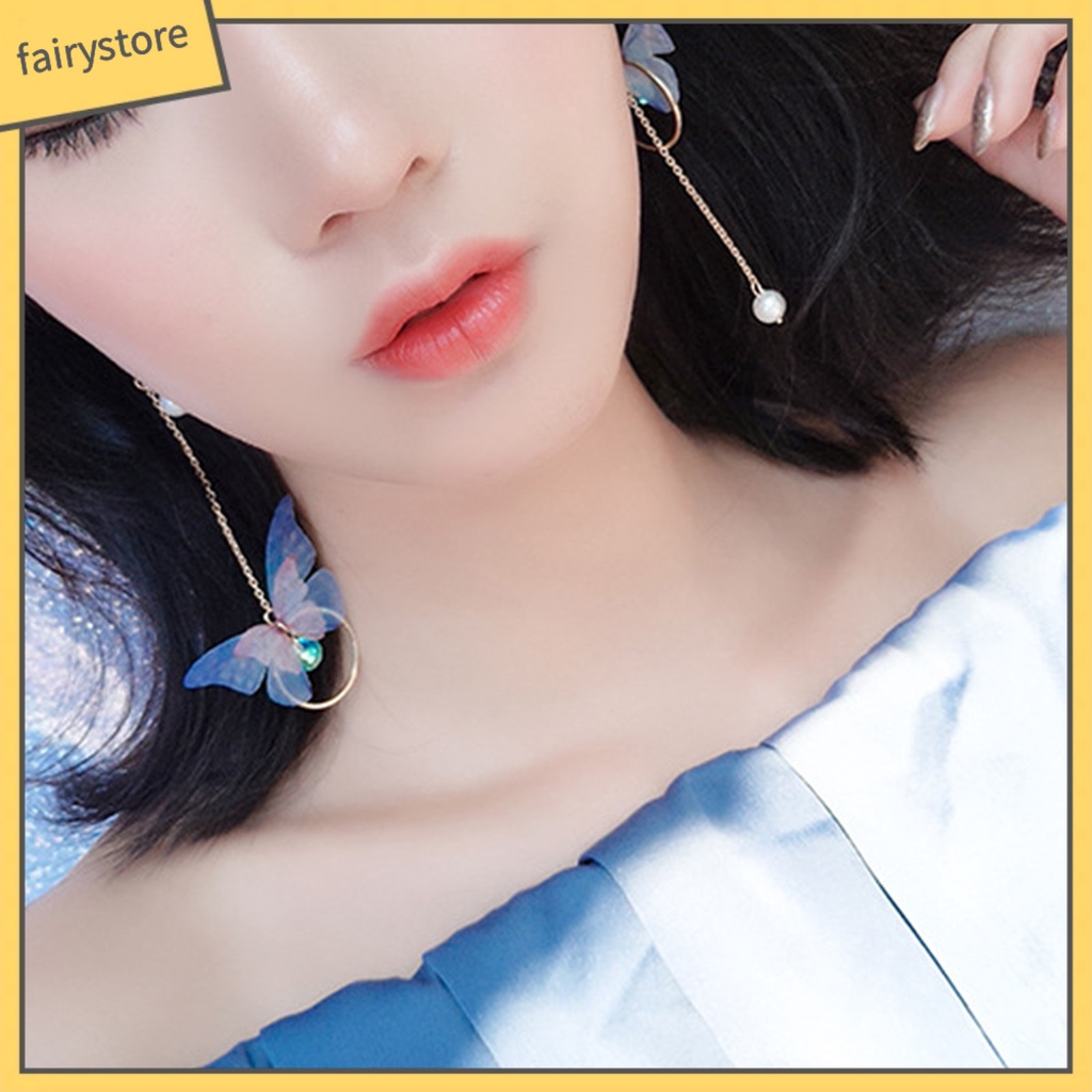 1 Đôi Bông Tai Chuỗi Tròn Đính Ngọc Trai Giả Hình Bướm Phong Cách Retro