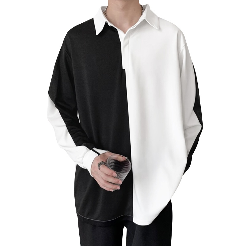 XMAN Hàn Quốc cao cấp màu đen va chạm áo polo dài tay áo T-shirt